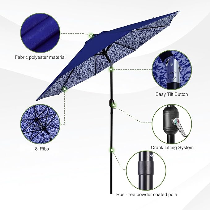 Backyard Expressions 9 ft. Patio Umbrella, Market Table Umbrella w/Tilt and Crank, 8 Ribs