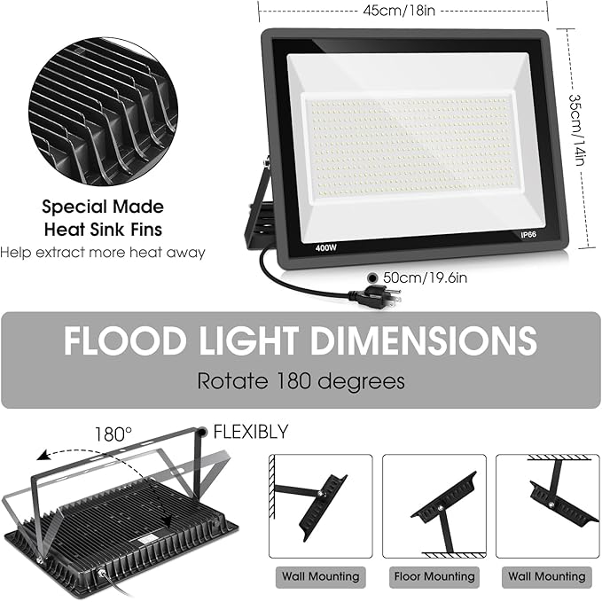 400W LED Stadium Flood Light Outdoor,2400W Equivalent 50500LM 5000K Daylight White Super Bright FloodLight with Plug,85-277V IP66 Waterproof Commercial Lighting for Sports Fields,Counts,Arena