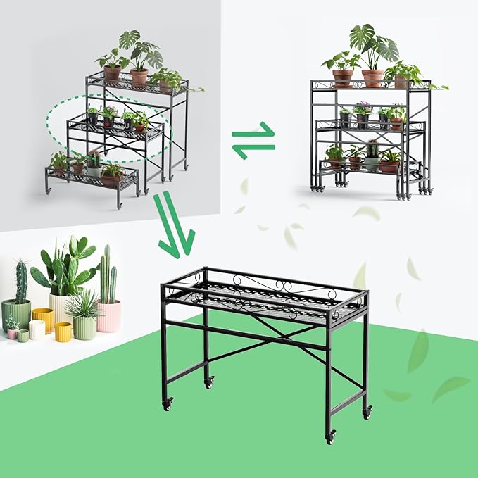 Zhongma Sturdy Metal Plant Stand with Wheels, 36.6 x 16 x 26.2 in High, Heavy Duty Succulent Shelf for Home Indoor and Outdoor, 220 LBS Capacity & Heavy Duty Construction