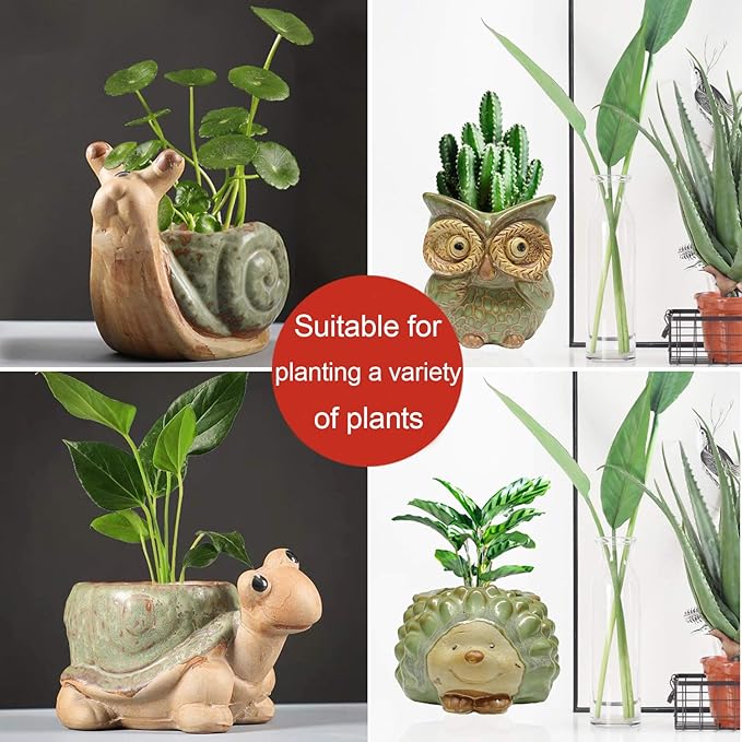 Small Ceramic Succulent Pot with Drainage, Animal Succulent Planter, 4.4 Inch Flower Pots, for Flower, Cactus, Mini Succulent Plants, Indoor and Outdoor use, Set of 4 Garden Gift