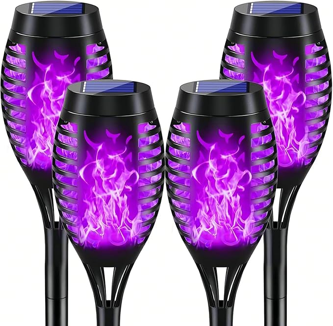 4 Pack Outdoor Solar Flame Light,Solar Lights Outdoor for Garden Decorations with Flickering Flame,IP65 Waterproof Solar Powered Yard Lights Torch Light for Lawn Patio Pathway (Purple)