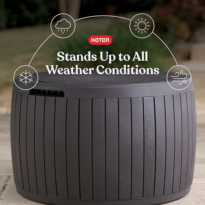 Keter Circa 37 Gallon Deck Box Organizer, Works as Ottoman Chair or Side Table, Brown – Large Resin Round Outdoor Storage and Seating for Garden, Pool, and Patio