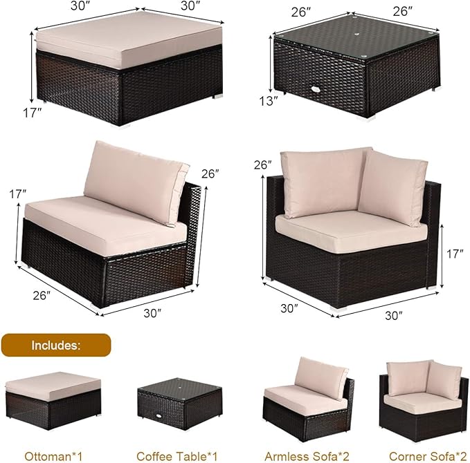 Tangkula 6 Piece Patio Furniture Set, Outdoor Deck Lawn Backyard Durable Steel Frame PE Rattan Wicker Sectional Sofa Set, Conversation Set with Coffee Table (Beige)