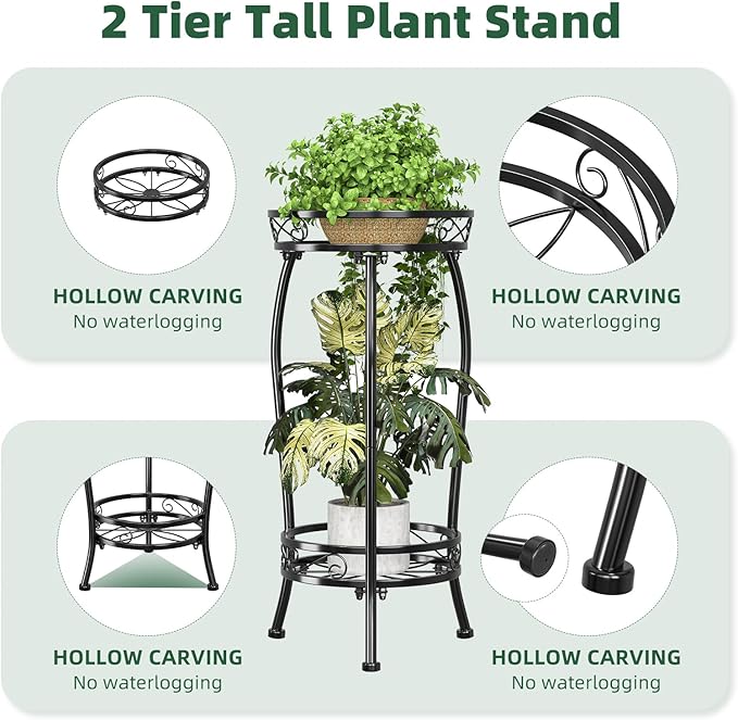 Simple Trending Plant Stand Indoor Outdoor, Tall Round Plant Shelf, 2 Tiers Metal Flower Pot Holder Stand Heavy Duty, for Garden, Balcony, Black