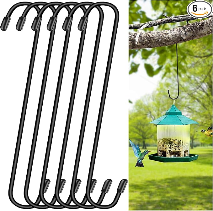 6 Pack 14 Inch Black Extra Matel Heavy Duty Hook for Hanging Plants,Large S Hooks for Hang Brsket,Bird House,Clothes,Kitchenware,Garden,Patio