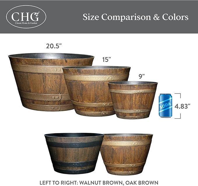 Classic Home and Garden Outdoor Round Whiskey Resin Flower Pot Barrel Planter, Distressed Oak Brown, 20.5" (Pack of 3)