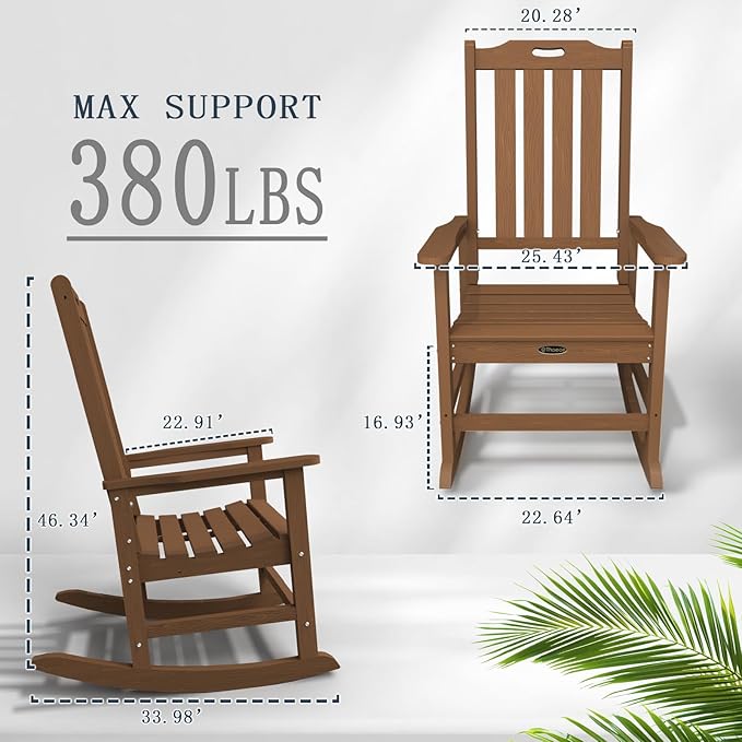 Oversized Rocking Chair Set of 4, Outdoor Rocking Chair for Adults, All Weather Resistant Porch Rocker for Lawn Garden, Wood