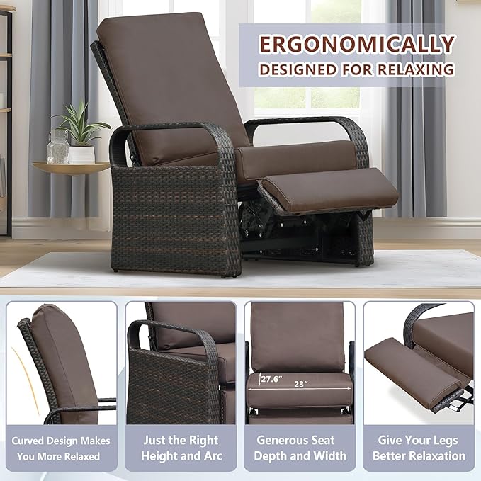 ATR ART TO REAL Outdoor Recliner, Outdoor Wicker Recliner Chair with 5.5'' Thickness Cushions, Automatic Adjustable Rattan Patio Chaise Lounge Chairs, Aluminum Frame, Anti-UV and Rustless