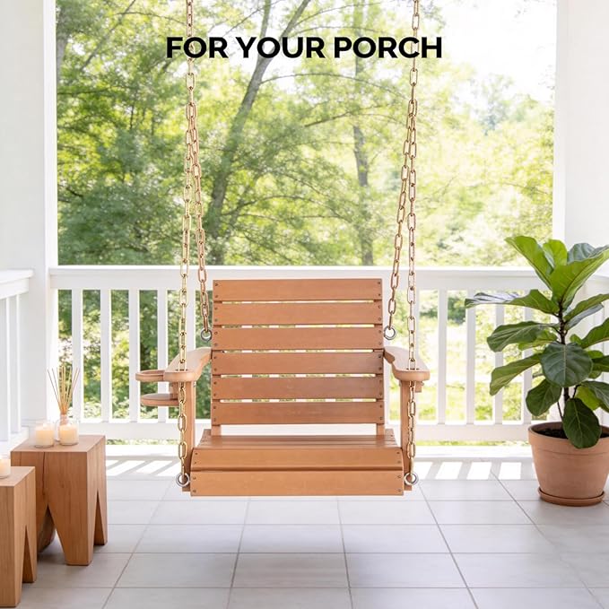 VINGLI Heavy Duty 880 LBS HDPE Porch Swing Outdoor with Rotatable Cup Holder, with Adjustable Chains, 1 Person Hanging Porch Swing Chair for Porch, Yard, Tree, Garden - Teak
