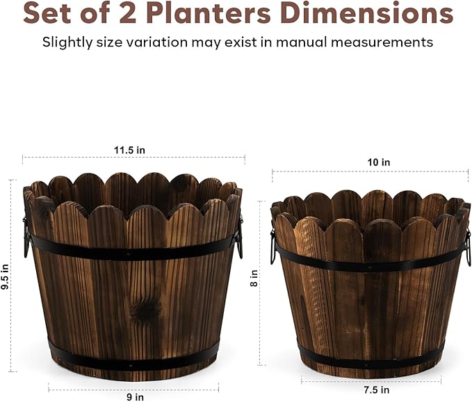 Wooden Barrel Planters Flower Pots for Indoor Outdoor Plants, 10+11.5 inch Rustic Patio Garden Front Porch Planters Plant Pots Outdoor Decor Set of 2
