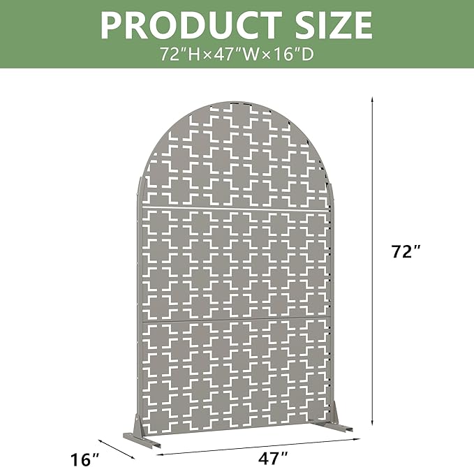 Casaphoria 72" H x 47" W Arched Metal Privacy Screen - Elegant Freestanding Outdoor Screen for Deck, Patio & Balcony - Versatile Decorative Privacy Panels for Home & Garden Use (Grey-Square)