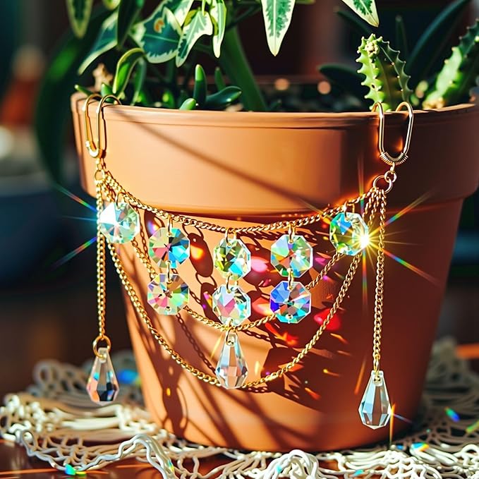 Sun Catcher Plant Hanger with Beads and Glass Crystal Beaded Plant Accessories for Indoor Home Rainbow Decor Pot Accessory(Flower Pot Not Included)(Teardrop)