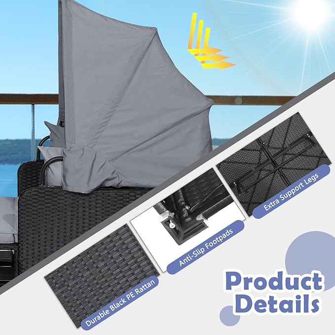 Tangkula Patio Rattan Daybed with Retractable Canopy, Outdoor Wicker Sunbed Lounger with 2 Foldable Side Tables, Thick Seat & Back Cushions, Outside Double Daybed for Garden, Backyard, Porch (Grey)