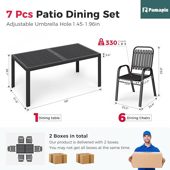 Pamapic Outdoor Dining Sets for 6, Rectangular Steel Slat Table with 6 Plastic Chairs, 7 Piece Patio Table and Chairs Set with Adjustable Umbrella Hole for Garden, Backyard, Poolside (Black)
