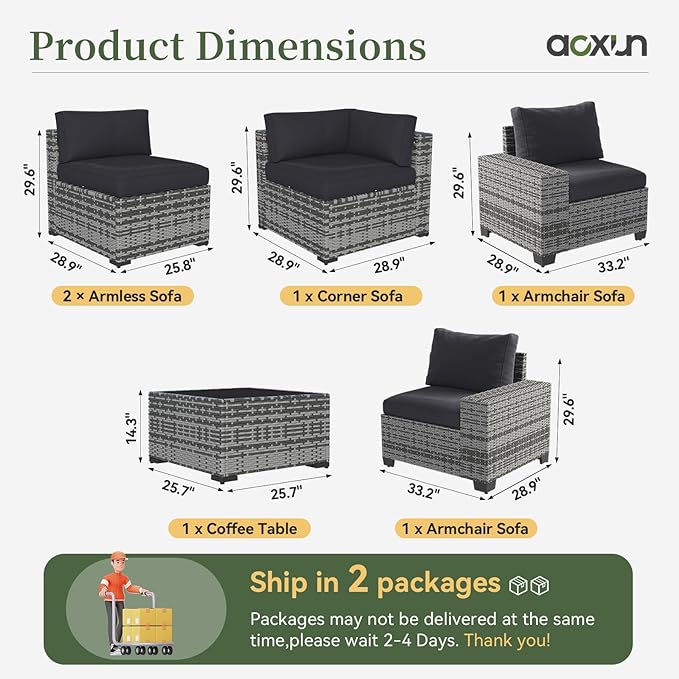 Aoxun 6 Piece Patio Furniture Set with Wide Armrests Wicker Rattan Outdoor Sectional Sofa Set with Coffee Table and Thickened Cushions, Grey/Black(Waterproof Cover Included)