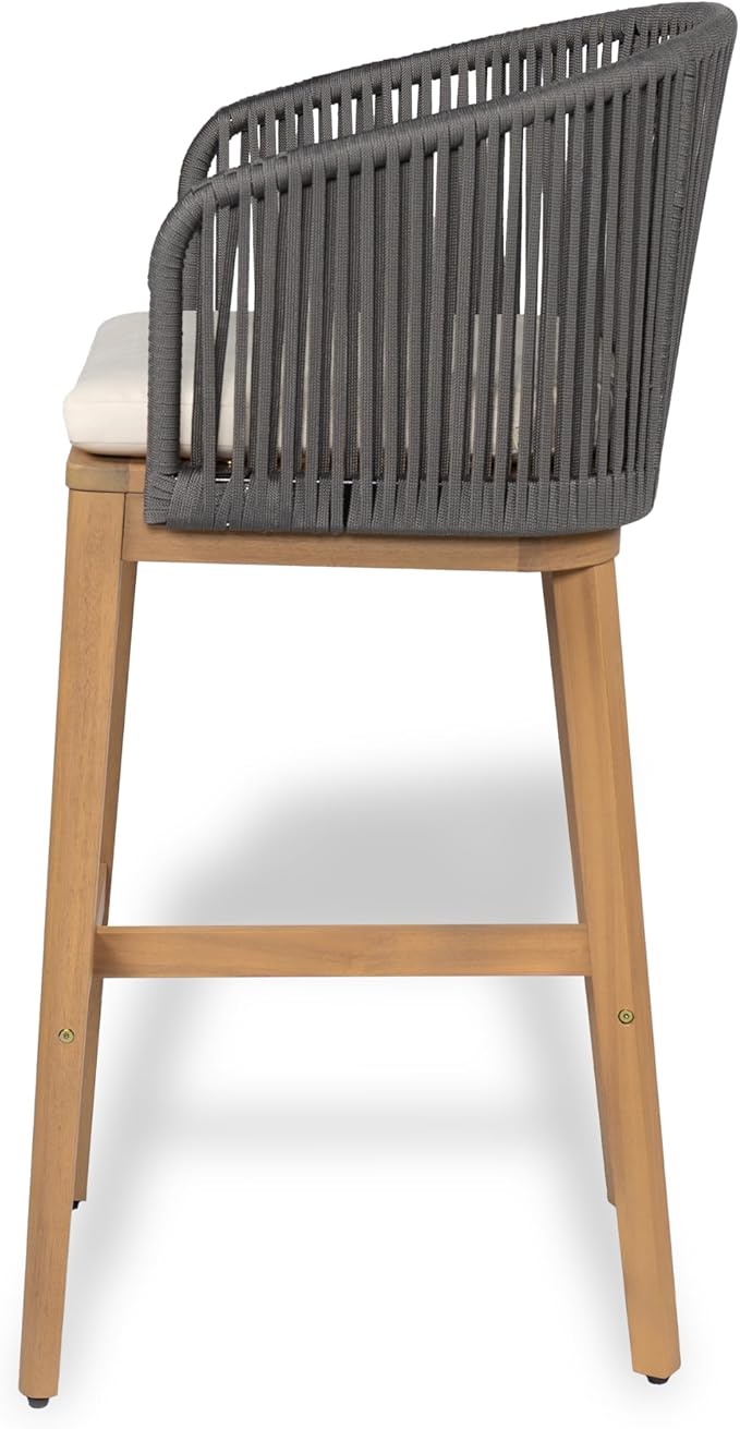 Christopher Knight Home Zax Set of 2 Patio Barstool, Acacia Wood & Rope Outdoor Counter Stool with Backrest/Footrest, Barstool Chairs with Cushion Seating for Backyard Balcony Garden, Beige+Gray+Teak