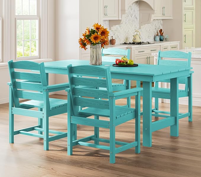SERWALL Patio Table Set, 5-Piece Outdoor HDPE Furniture with Umbrella Hole, All Weather Dining Table and Chairs for Lawn, Garden, Poolside, Aruba