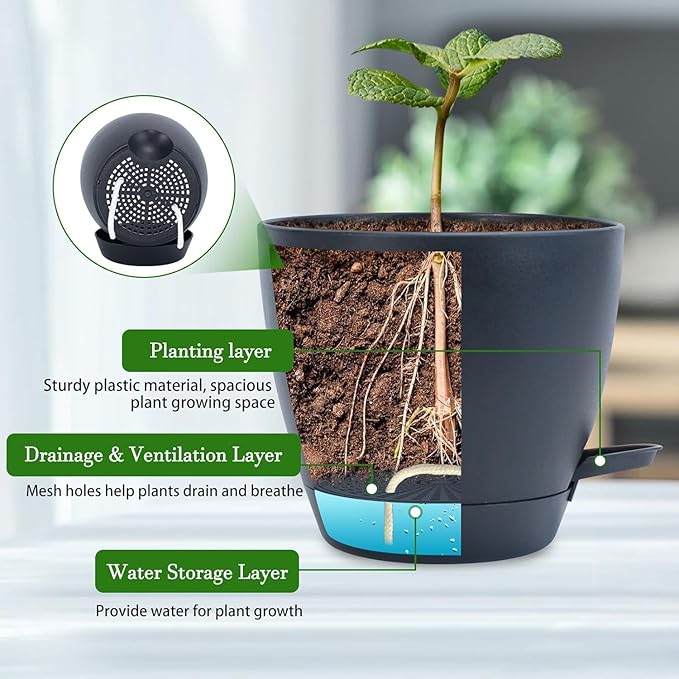 Hanging Planters for Indoor Plants, 2 Set Self Watering Hanging Flower Pots, Modern Hanging Plant Baskets with Metal Plant Holder & 6.5 Inch Plastic Pots for Garden Home Decor (Gold Frame Black Pot)