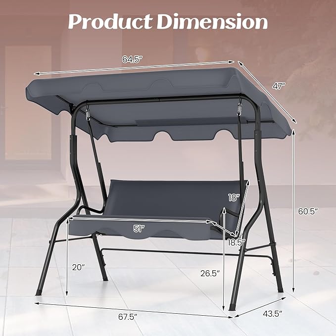 Tangkula 3 Person Porch Swing, Patio Swing with Removable Cushion & Powder-Coated Steel Frame, Outdoor Swing with Canopy for Porch, Backyard, Garden, Balcony (Gray)
