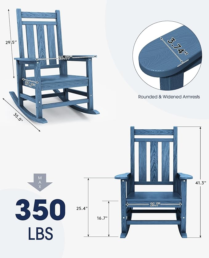 KINGYES Oversized Outdoor Rocking Chair Set of 8, All-Weather Patio Rocking Chairs for Porch, HDPE Outdoor Patio Rockers with High Back & Wide Seat for Garden, Lawn, Blue