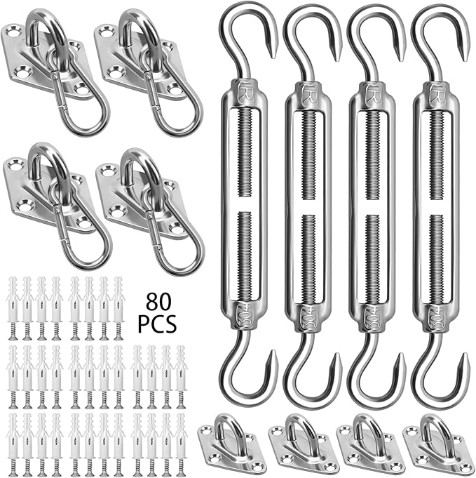 Sun Shade Sail Hardware Kit 6 Inch for Rectangle & Triangle Shade Sail Install, Stainless Steel ShadeSail Fixing Accessories for Outdoor Patio Canopy Garden, Heavy Duty Awning Attachment 80 Set