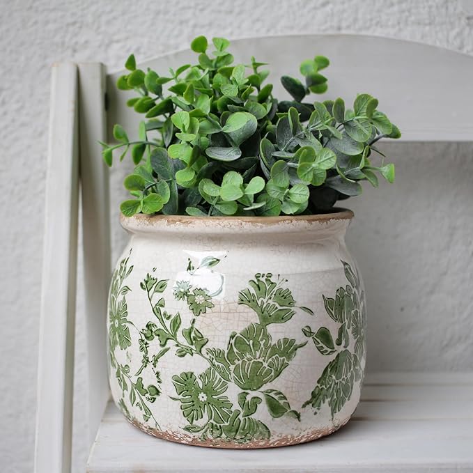 Tuscan Ceramic Indoor Plant Pot & Vase for Home Decor, 6.29'' Rustic Farmhouse Planter w/Drainage for Snake Plant, Pothos and Houseplants, Vintage Office & Tabletop Decoration, Gift for Mom (Green)
