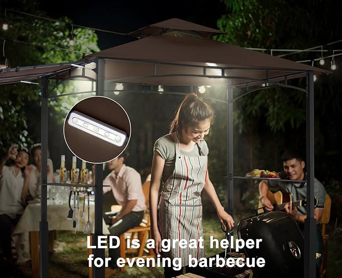 ABCCANOPY Grill Gazebo with Extra Awning - 11x5 Outdoor BBQ Canopy Shelter with 2 Led Lights for Patio Backyard Grilling (Coffee)