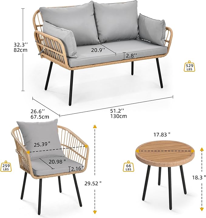 DWVO Patio Furniture Set 4 Pieces Boho Wicker Bistro Set, All Weather Outdoor Rattan Conversation Set with Loveseat Chairs Table Soft Cushions for Backyard, Pool, Garden - Grey