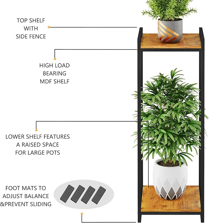 2-Tier Plant Stand Indoor, 34" Tall Modern Plant Shelf Corner Flower Pot Holder Organizer for Living Room Balcony Garden, Rustic Brown