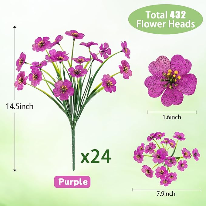 MACTING 24 Bundles Artificial Flowers for Outdoors Fake Flowers UV Resistant Faux Plastic Plants No Fade for Planters Window Patio Porch Home Garden Outside Spring Summer Decorations(Purple)