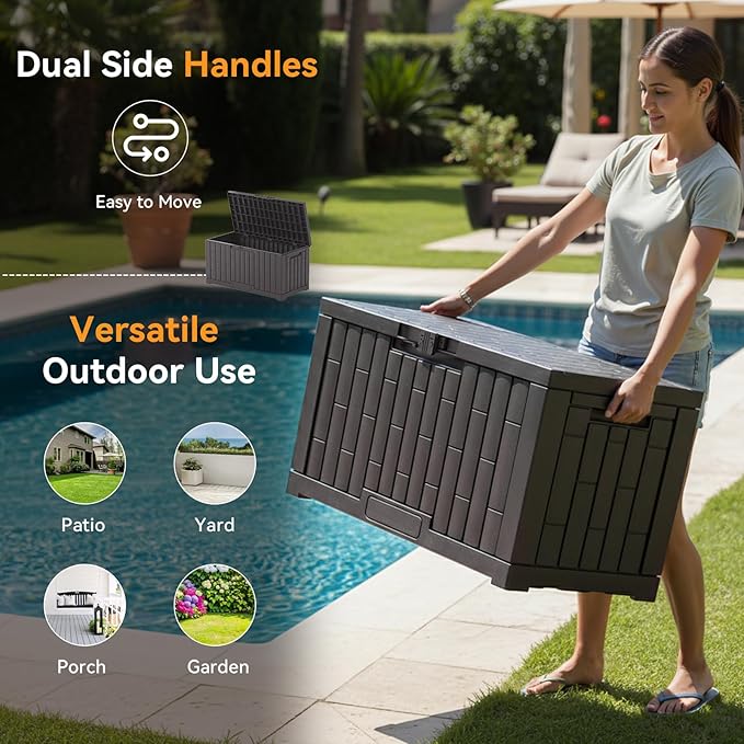 NEWBULIG 60 Gallon Deck Box, Waterproof Outdoor Storage Box with Lockable Lid, Patio Furniture Bench & Side Table, Outside Storage Container, Tool-Free Assembly, for Garden, Pool, Brown