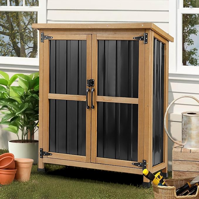 PetsCosset Weatherproof Outdoor Storage Cabinet with Lockable Doors, Wood & Metal Garden Storage Shed Patio Storage Box for Tools & Lawn Equipment, Pool Accessories