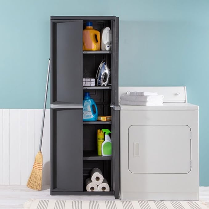 Sterilite 2-Pack 4 Shelf Cabinet, Lockable Utility Storage w/Adjustable Shelves, Gray - Plastic Shelving Unit for Organizing Garage, Pantry, Basement, Laundry Room or Mudroom