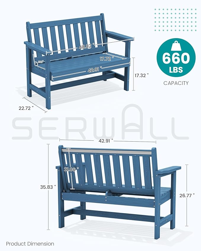 SERWALL Outdoor Bench, HDPE Outdoor Benches Weatherproof, 2-Person Garden Bench with 660 lbs Weight Capacity, Patio Benches for Outdoors, Garden, Porch, Backyard and Park, Navy, 4 Pack