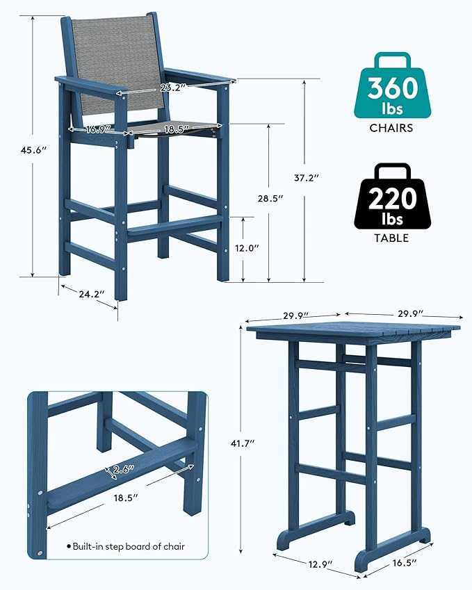 SERWALL 3 Pieces Textilene Adirondack Bar Set, Tall Adirondack Bar Height Chairs with Bar Table, Sling Balcony Adirondack Chairs, Weather Resistance Resin Outdoor Bar Height Stools, Blue