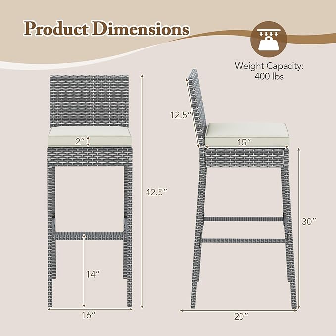 HAPPYGRILL Patio Wicker Barstools Set of 2, Outdoor Bar Height Chair w/Soft Seat Cushion & Cozy Footrest, Heavy-Duty Metal Frame, 400 lbs Max Load, Rattan Armless Bar Chairs