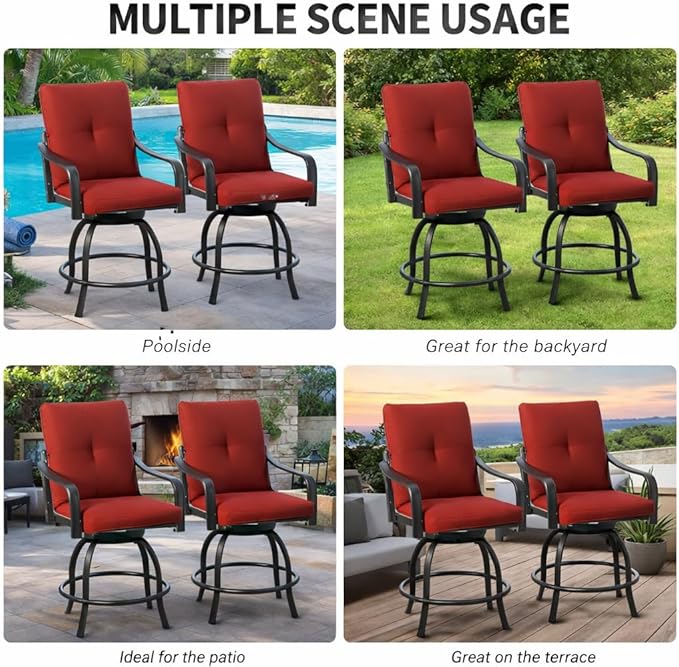 Kozyard Isabella Outdoor Swivel Bar Chairs, Counter Height Patio Bar Stools Set of 2 with Cushioned Seats, All-Weather Metal Bistro Chairs for Backyard Dining (Burgundy, with Cushion)