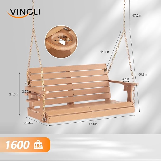 VINGLI Heavy Duty 1600 LBS HDPE Porch Swing Outdoor with Rotatable Cup Holder, 4 FT Patio Bench Swing with Adjustable Chains, 2 Person Hanging Porch Swing Chair for Porch, Yard, Tree, Garden - Teak