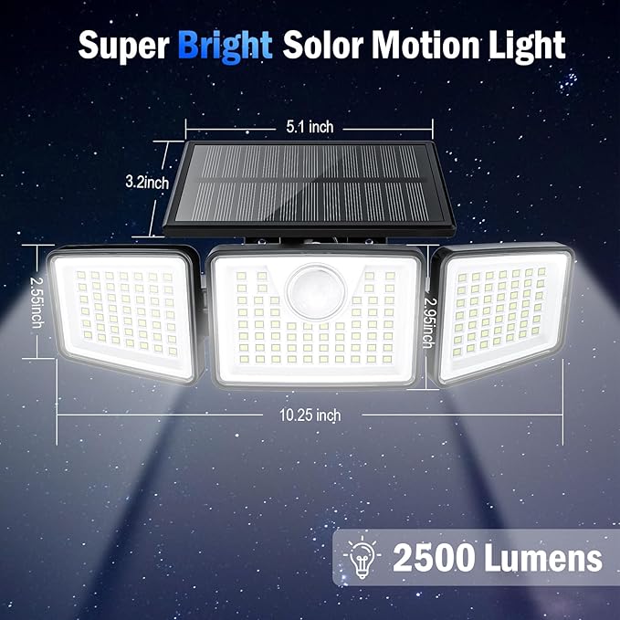 2500LM Solar Lights Outdoor with Motion Sensor,3 Head 270° Wide Angle Street Area Lights,IP65 Waterproof Security Lighting with 3 Modes(Remote,2 Pcs)