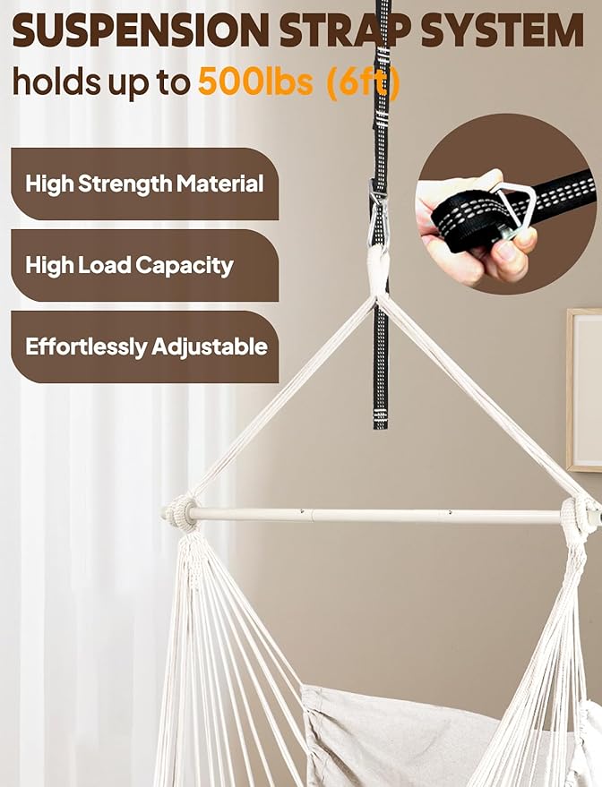 Chihee Hammock Chair Hanging Swing Max 500 Lbs 2 Cushions Included Metal Spreader Bar with Anti-Slip Grooves Portable Hanging Chair Side Pocket Large Macrame Bohemian Chair Indoor Outdoor