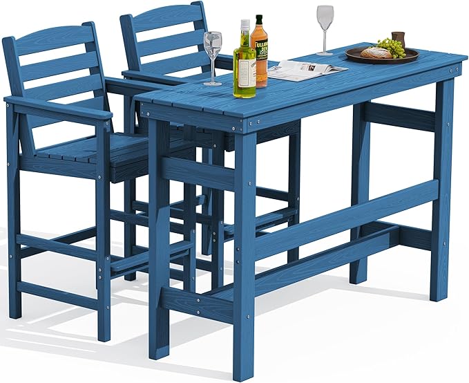 SERWALL Outdoor Bar Table and Chairs Set, Adirondack Bar Chairs Set of 2 and Bar Height Table, All Weather HDPE Patio Bar Set, Outdoor Furniture for Outside, Blue