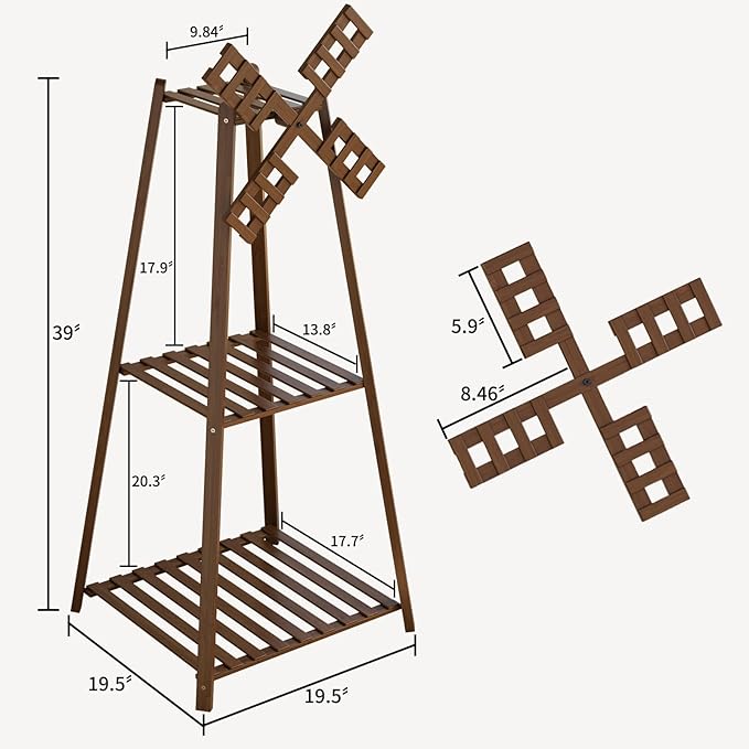 COPREE 3-Tier Tower Plant Stand Display Rack with Windmill Top,Bamboo Vintage Flower Pot Holder Shelf for Patio Balcony Decoration
