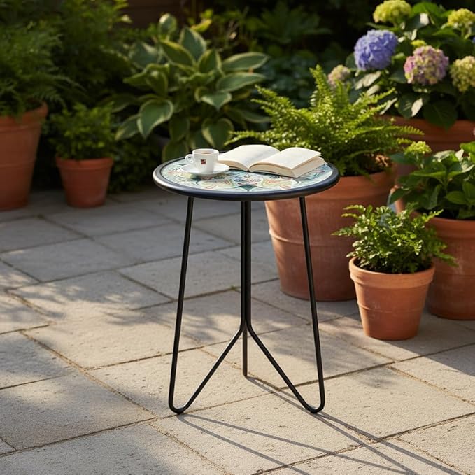 LIFFY Patio Side Table, 12" Outdoor Metal Side Table with Glass Top, Indoor Round Accent End Table for Living Room or Bedroom, Small Decorative Plant Stand Table for Garden Yard Balcony