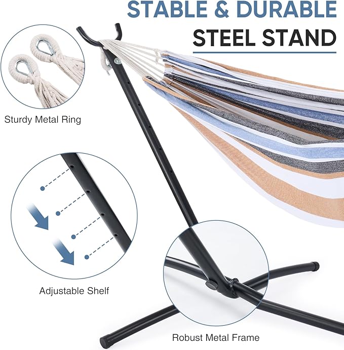 DUMOS Double Hammock with Space Saving Stand, Heavy Duty Steel Frame, Portable for Outside & Indoor Use, 450lbs Capacity, Easy Assembly, Carrying Bag Included, Beige