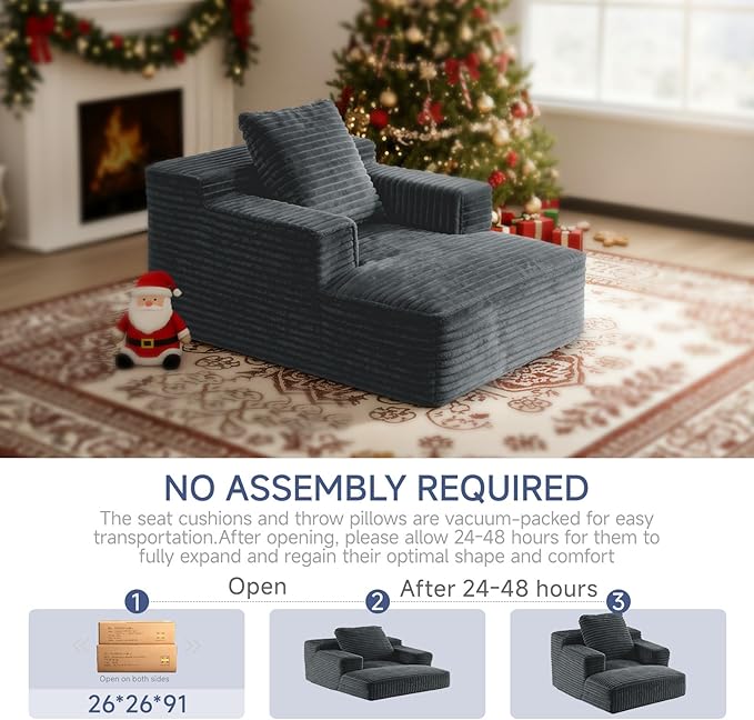 45'' Chaise Lounge Chair Indoor, Corduroy Upholstered Boneless Sofa Bed, Deep Seat Sleeper Couch Reading Chairs, Small Comfy Cloud Sofas Couches for Living Room, Bedroom, Movie Room (Dark Grey)