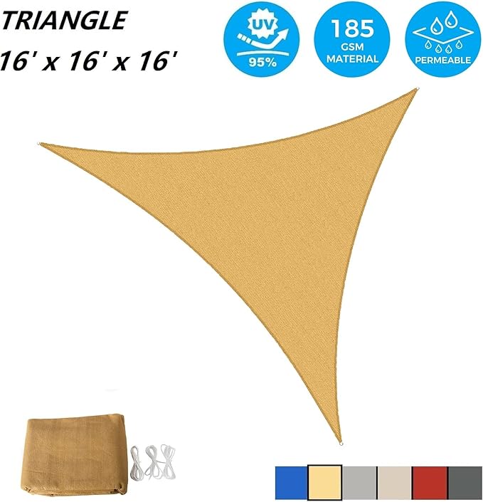AsterOutdoor Sun Shade Sail Triangle 16' x 16' x 16' UV Block Canopy for Patio Backyard Lawn Garden Outdoor Activities, Sand
