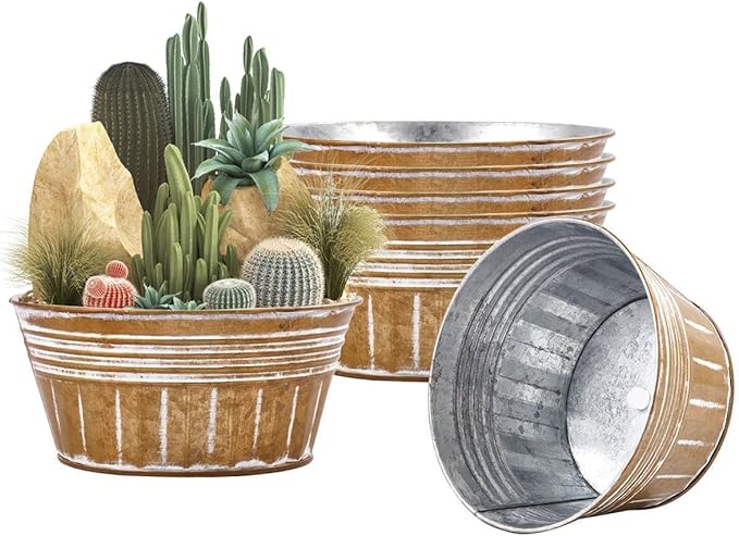 vensovo 10 Inches Brown Metal Rustic Plant Pots - 4 Pcs Large Shallow Galvanized Planters with Drain Hole and Rubber Plug, Rustproof Tin Bucket Succulent Pot Indoor Farmhouse Vintage Style for Decor