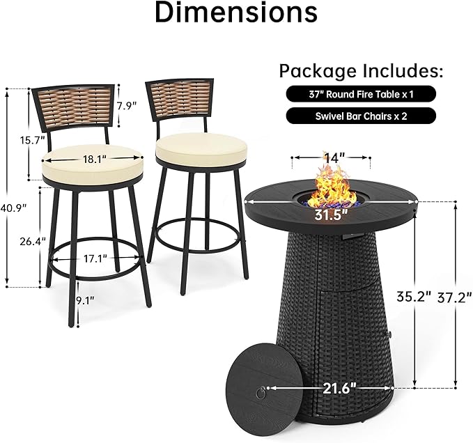 PIZZELLO 3-Piece Patio Swivel Bar Set with 37" Height Propane Round Firepit Table and High Swivel Stools Chair Set of 2, Outdoor High Top Bistro Set for Poolside, Garden, Balcony(Black)