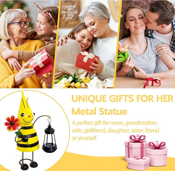 Garden Decor Bee Solar Statues,Unique Garden Statues Bee with Solar Lantern Waterproof, Birthday Gifts for Women Mom Grandma, Front Patio Balcony Yard Art Lawn Ornaments Porch Outdoor Decoration