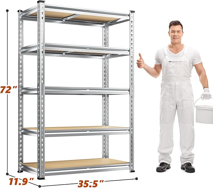 REIBII Garage Shelving, 5 Tier Storage Shelves Load 2400LBS, Adjustable Garage Shelves Heavy Duty, Metal Shelving Unit with Waterproof Columns for Warehouse, 35.5" W x 11.9" D x 72" H, Galvanized